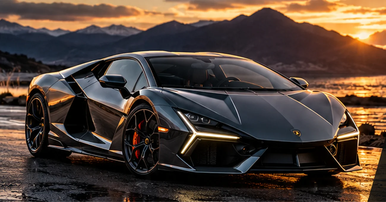 Sportowy Lamborghini na tle gór o zachodzie słońca